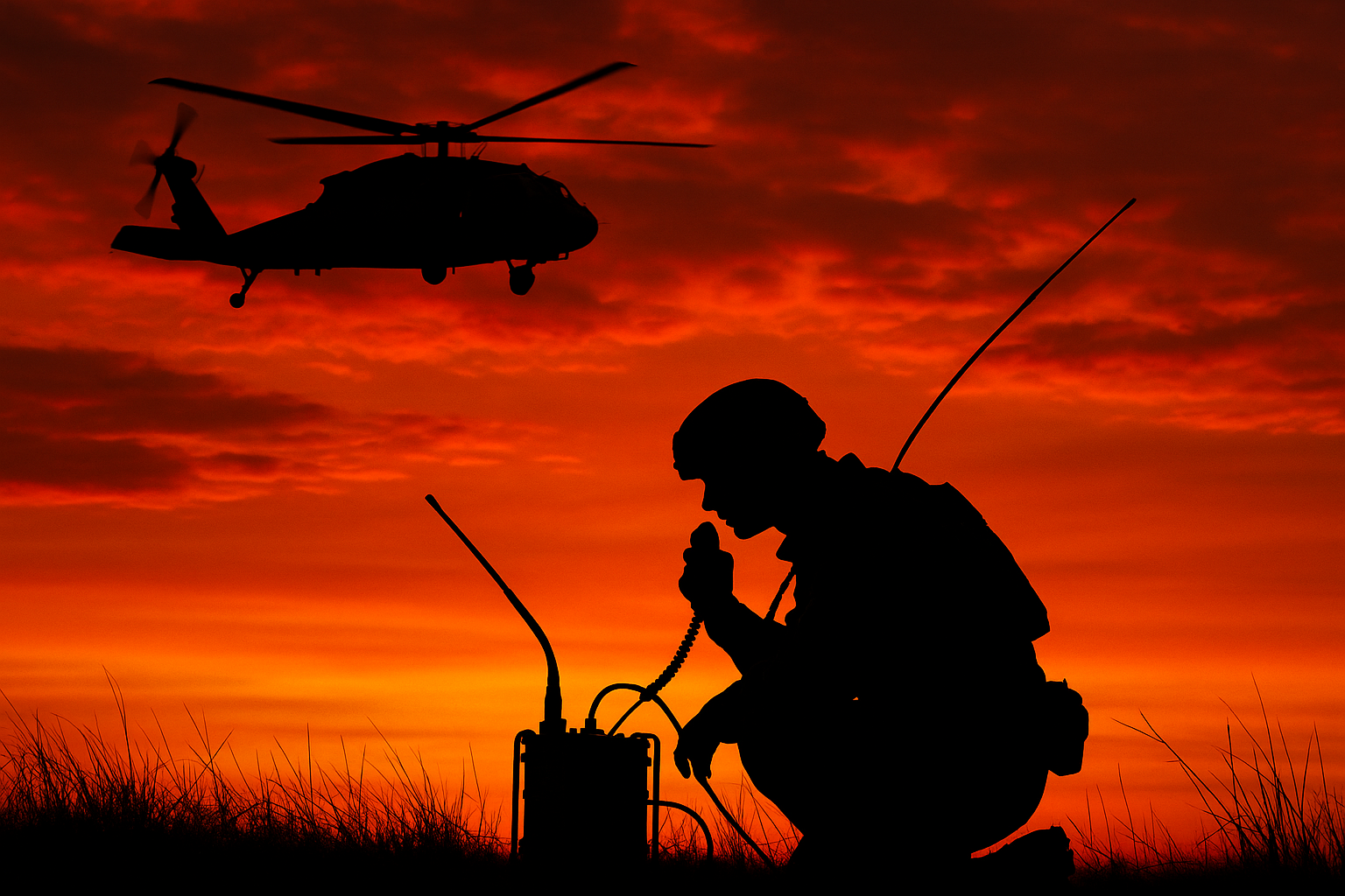 silhouette of a military radio operator in the field with a black hawk helicopter flying over 